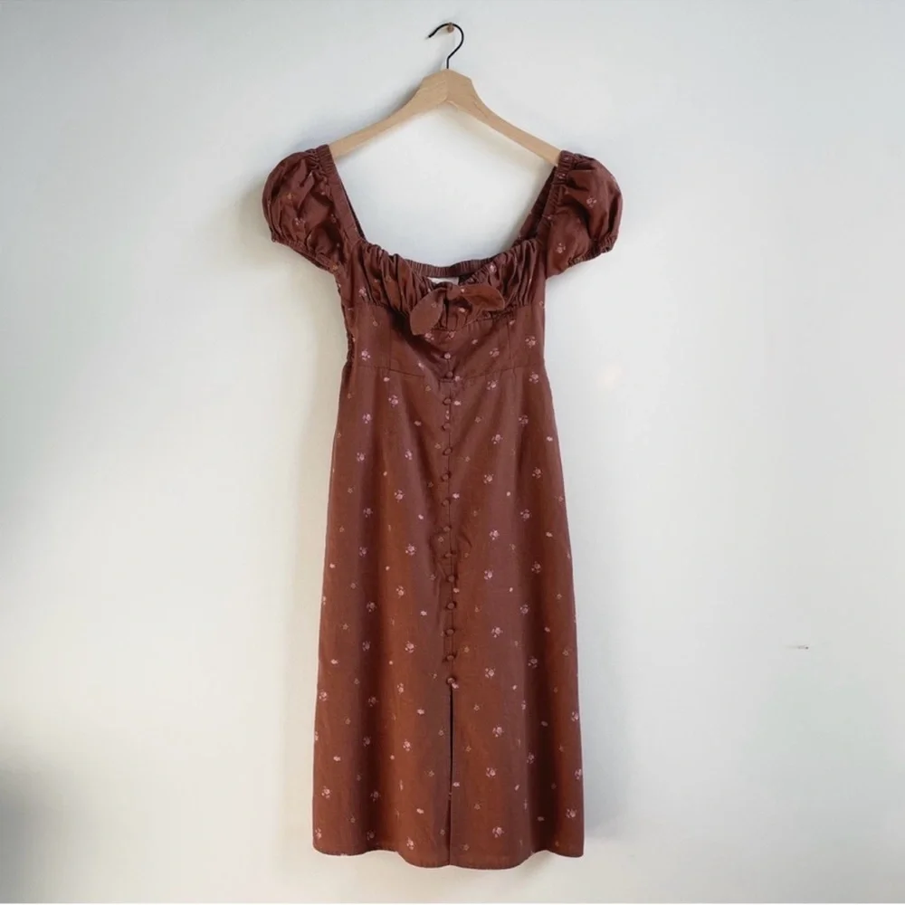 Altar’d State Brown Floral Linen Milkmaid Midi Dress Size Medium - Picture 1 of 6